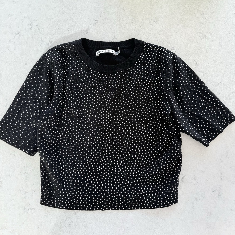 Alice + Olivia Ciara Cropped Crystal-Embellished Knitted Top Womens M Black $295